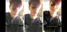 four different shots of a person with pink hair and black leather jacket looking at the camera