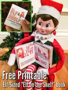 an elf is reading a book with the title free printable elf on the shelf