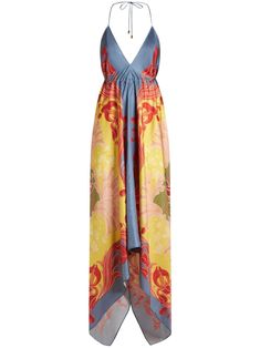 multicolour silk all-over graphic print gathered detailing V-neck halterneck tie fastening sleeveless open back asymmetric hem Silk Dress Blue, Etro Dress, Printed Silk Dress, Italian Textiles, Earthy Outfits, Barbour Steve Mcqueen, City Dress, Silk Print Dress, Yellow Print