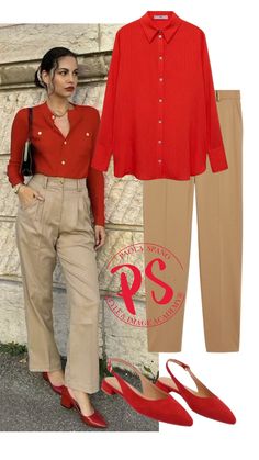 Red Heels Office Outfit, Khaki And Red Outfit, What To Wear With Tan Pants, Pantalon Camel Outfits Mujer, Red Bag Outfit Ideas, Red Shirt Outfit Aesthetic, Red Yellow Outfit, Red And Khaki Outfits