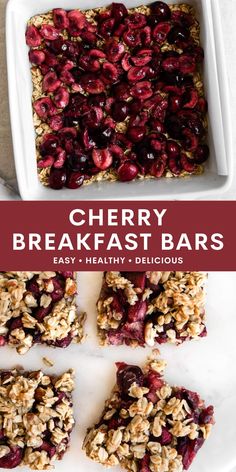 cherry breakfast bars with oats and granola in the middle on a white plate