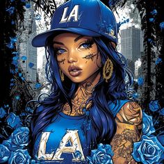 a drawing of a woman with tattoos and a baseball cap on her head, in front of blue roses