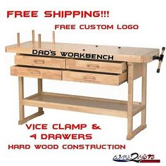 a wooden workbench with two drawers and hammers on the bottom, free shipping for dad's workbench