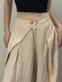 Beige Elegant Collar  Woven Fabric Plain Wide Leg Embellished Non-Stretch  Women Clothing Baggy Asymmetrical Pants For Spring, Chic Baggy Bottoms With Asymmetrical Hem, Asymmetrical Baggy Bottoms For Spring, Baggy Asymmetrical Bottoms For Spring, Spring Baggy Asymmetrical Bottoms, Beige Asymmetrical Hem Bottoms For Summer, Summer Workwear Bottoms With Asymmetrical Hem, Summer Pants With Pockets And Asymmetrical Hem, Versatile Asymmetrical Bottoms For Spring