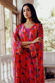 Purple base chilli print kaftan kurta sequin border hem detailing. Paired with bustier and printed pant. - Aza Fashions Kaftan Kurta, Luxury Sale, Fashion App, Pants Pattern, Modern Bride, Pant Set, Set For Women, Three Quarter Sleeves, Quarter Sleeve