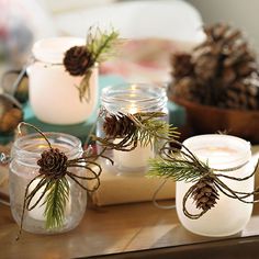 some pine cones and candles are sitting on a table