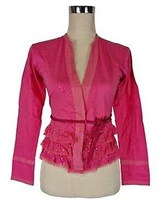 Trendy Fashion Cotton Jersey Wrap Blouse Jacket Hot Pink Size S/M Sequined by Esther Franklin, women's Coats Jackets Fitted Pink Blouse For Winter, Long Sleeves Design, Sequined Blouse, Jersey Jacket, Blouse Style, Pink Colour, Wrap Blouse, Women's Coats & Jackets, Pink Cotton