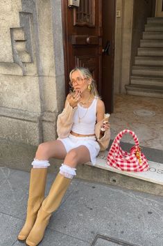 All white summer fashion look with a white tank, white bloomers, white over the knee socks, beige boots and a red gingham print bag White Bloomers, Beige Boots, Over The Knee Socks, Red Gingham, Trends 2024, Gingham Print, Knee Socks