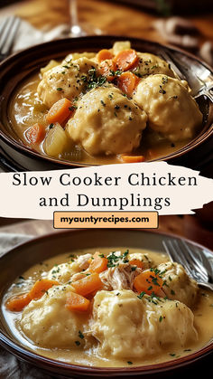 two plates filled with chicken and dumplings on top of a table