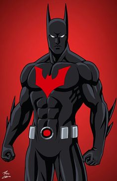 the batman in black and red is standing with his hands on his hips, looking like he