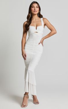 Kody Midi Dress - Bodycon Ruched Mesh Cut Out Dress in White Wide Leg Jeans Shoes, Mum Jeans, Basic Black Dress, Neon Outfits, Bachelorette Dress, Feel Empowered, Spring Maxi Dress, Bodycon Style, Navy Bridesmaid Dresses