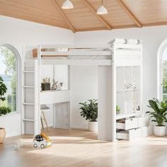 a white loft bed sitting in the middle of a living room next to a window