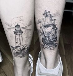 two people with tattoos on their legs, one has a lighthouse and the other has a ship