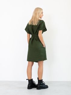 "PENELOPE is an elegant linen dress with belt. DETAILS - Boat neckline - Side seam pockets - Dolman style sleeves - Has self belt - Knee length - 100% midweight European linen fabric - Cut and sewn to order just for you in our studio COLOR - Forest Green, you can also choose other colors above - Fabric samples are available here https://www.etsy.com/listing/586569696/linen-fabric-samples SIZING & FIT - Fits true to size - Length is approximately 36.5 inches / 92.5 cm - Bust is approximately Wide Leg Linen Trousers, Linen Dress Summer, Studio Color, Wide Leg Palazzo Pants, Wide Leg Linen Pants, Dress With Belt, Boat Neckline, Wrap Blouse, Lovely Dresses