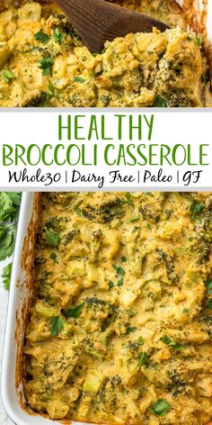 broccoli casserole with cheese and parsley in a white baking dish