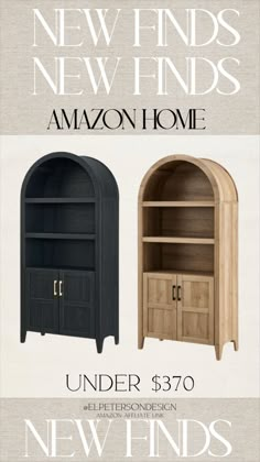 an advertisement for new finds from the amazon home store, featuring two bookshelves