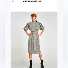 Gray Checkered Print Dress Can Be Worn Dressed Up Or Down Plaid Knee-length Dress For Work, Knee-length Plaid Dress For Work, Knee-length Plaid Workwear Dresses, Zara Belted Midi Dress For Work, Fitted Plaid Midi Dress, Fitted Plaid Midi Dress For Daywear, Knee-length Plaid Dress For Daywear, Plaid Dresses For Spring Workwear, Plaid Dress For Spring Workwear