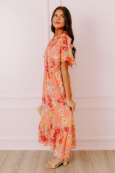 - Drape yourself in petals and twirl in the sun with this airy dress! - Chiffon material with a colorful abstract floral print - A built-in lining that ends above the ruffled hemline - A ruffled v-cut neckline with a tie detail - Short, loose ruffled sleeves - Pleated detail at the bodice - An elastic waistline - A flowy yet flattering silhouette that ends in a ruffled maxi length hemline Airy Dress, Abstract Floral Print, Dress Chiffon, Chiffon Material, Ruffled Sleeves, V Cut, V Cuts, Colorful Abstract, Abstract Floral