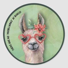 a llama with heart shaped glasses and a flower in its hair is featured on a round sticker