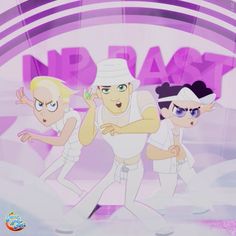 three cartoon characters standing in front of a purple background