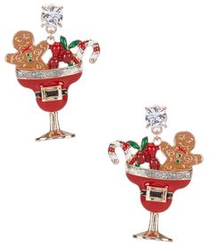 pair of red and gold christmas themed earrings with crystal accents on each earring side by side