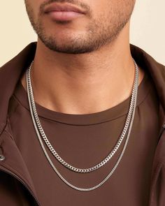 A perfect pair. Layer your look with two of our best-selling Cuban Link Chains. With just the right amount of silver, elevate your style with this stack, or take it a step further and add one of our pendants to the 3mm Cuban Link Chain for a fit that is bound to make a statement. Chain Stack, Jewelry Staples, Solid Gold Chains, Layered Chains, Silver Coat, Silver Shop, Cuban Link Chain, Cuban Chain, Cuban Link