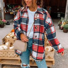 Women’s Oversized Plaid Flannel Shacket Jacket | Casual Button-Down Long Sleeve Shirt Coat With Pockets Stay Stylish And Cozy With This Trendy Oversized Plaid Flannel Shacket Jacket! Perfect For Layering, This Button-Down Long Sleeve Shirt Coat Features A Brushed Fabric For A Soft Feel And A Classic Red And Navy Plaid Design. It’s The Ultimate Casual Fall Wardrobe Essential With Its Oversized Fit And Functional Pockets. Wear It As A Lightweight Jacket Or Layer Over Your Favorite Sweater For A Ch Plaid Outerwear, Placket Design, Plaid Jacket Women, Polyester Jacket, Winter Shirts, Plaid Coat, Winter Trends, Plaid Fashion