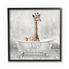 a baby giraffe sitting in a bathtub with bubbles on the rim and head