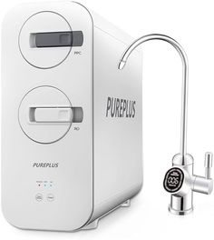 the pureplus water dispenser is next to a faucet