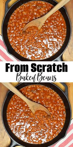 baked beans are being cooked in a skillet