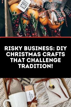 a wooden box filled with oranges and other christmas decorations next to a white mug