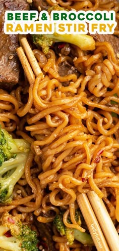 beef and broccoli ramen stir fry with chopsticks