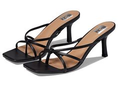 DV Dolce Vita Zini - Women's Shoes : Black : From brunch dates to a night on the town, the DV by Dolce Vita Zini sandals are perfect for every occasion. Strappy man-made upper. Man-made lining with a padded insole. Easy slip-on construction. Open square toe with toe-post silhouette. Brand name embossed on the footbed. Stiletto heel. Durable man-made outsole. Imported. Measurements: Heel Height: 3 in Weight: 7 oz Product measurements were taken using size 9, width M. Please note that measurements Black Square Heels, Black Heels Sandals, Short Heels Sandals, Night Out Shoes, Dainty Shoes, Fitted Black Heels With Strap, Black Sandel Heel, Black Fitted Heels With Straps, Heels Shoes