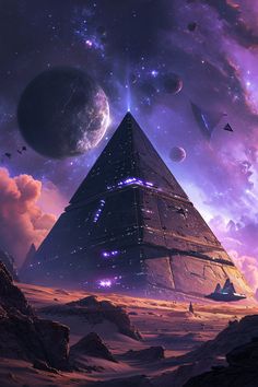 the pyramid is surrounded by planets and stars in the sky, as well as other objects