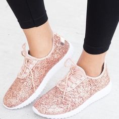 Boutique Shoes | Nib Rose Gold Glitter Sparkly Sneakers | Color: Gold/Pink | Size: Various Flat Sneakers Women, Bling Heels, Shoe Basket, Sneaker Boutique, Bling Shoes, Glitter Sneakers, White Sneakers Women, Casual Sneakers Women, Silver Shoes