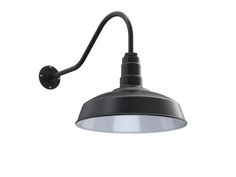 an outdoor wall light with a black metal arm and white glass shade on the side