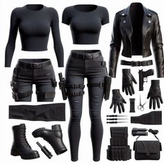 Spy Wear Outfits, Vigilante Outfits Design Female, Women’s Assassin Costume, Spycore Outfits, Spy Agent Costume, Casual Revenge Outfit, Leather Female Outfit, Super Spy Outfit, Halloween Costumes Assassin