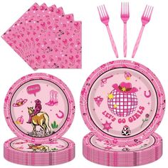 a pink party set with plates, napkins and utensils for children's birthday