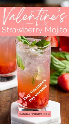 a strawberry mojit with mint on top and the title overlay reads valentine's strawberry mojit