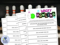 two printable worksheets for the wacky bowling game with pins in the background