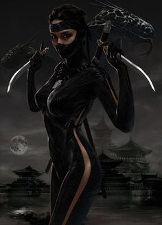 a woman dressed in black holding two knives and a snake on her shoulder, with a full moon behind her