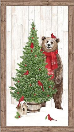 a painting of a bear holding a christmas tree in front of a wooden fence with a birdhouse