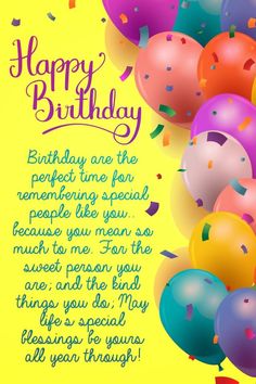 a birthday card with balloons and confetti in the air on a yellow background