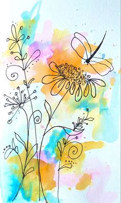 watercolor painting with flowers and butterflies on it