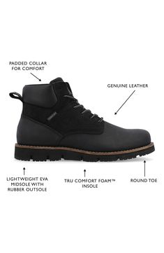 Ground your look in the utilitarian attitude of a lace-up boot set on a sturdy lug sole and coated with a water-resistant finish. Water-resistant Leather upper/textile lining/rubber sole Imported Rugged Black Lace-up Boots For Outdoor Work, Rugged Black Combat Boots With Reinforced Heel, Lace-up Moto Boots For Outdoor Work In Fall, Fall Outdoor Work Lace-up Moto Boots, Leather Lace-up Boots For Urban Adventures, Winter Lace-up Moto Boots For Adventure, Rugged Lace-up Weatherproof Boots, Rugged Adventure Boots With Laces, Rugged Weatherproof Lace-up Boots