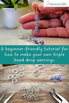 the instructions for how to make bead drop earrings are shown in three different pictures