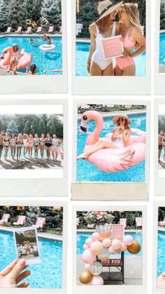 several pictures of people in swimsuits and flamingos near a pool with balloons