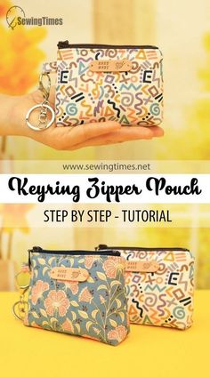 two zipper pouches with the words sewing times on them and an image of a hand holding