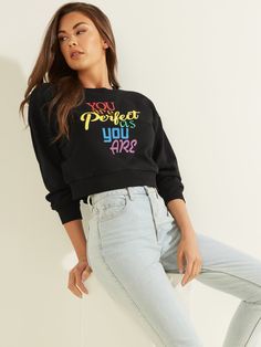 Cozy up in this essential pullover designed with rainbow script on the front. Complete with ribbed crew neck, cuffs and hem.100% Cotton Machine wash Pullover Designs, You Are Perfect, Lifestyle Brand, Lifestyle Brands, Stylish Women, Sweater Hoodie, Style Icons, Women Men, Latest Trends