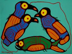 two birds sitting on top of each other in front of a blue background with orange and green designs